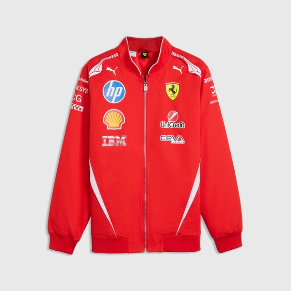 A red Scuderia Ferrari zip-up jacket by Puma, featuring sponsor logos including HP, Shell, UnCredit, and IBM on the front, displayed against a light gray background.