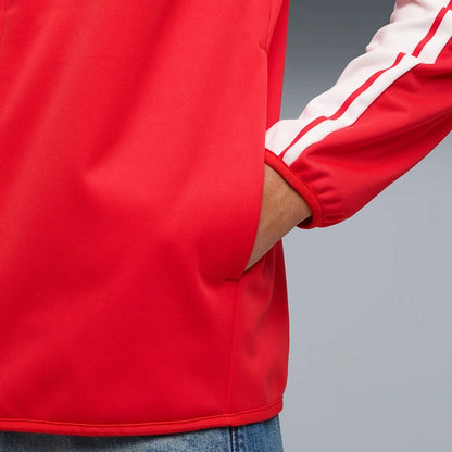 Red jacket with white stripes on a gray background