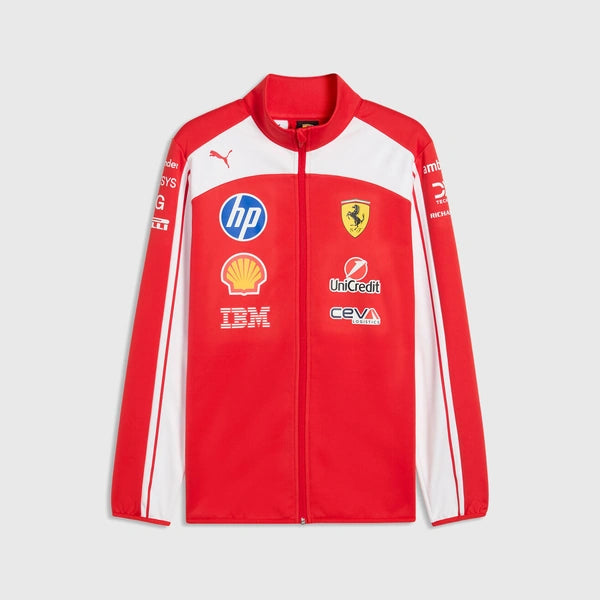 A red and white Scuderia Ferrari zip-up jacket by Puma, featuring sponsor logos including HP, Shell, and IBM on the front, set against a light gray background.