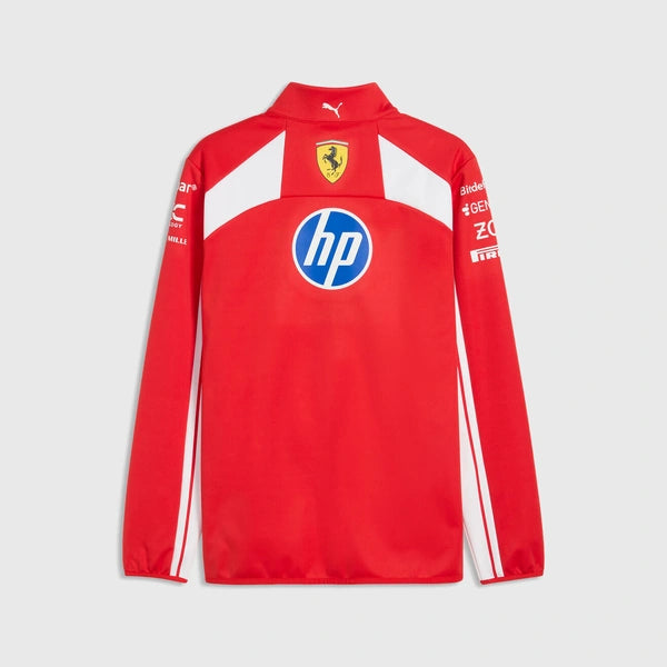 A red long-sleeve zip-up athletic jacket with white side stripes, featuring the Ferrari shield logo on the chest, an HP logo on the back, and sponsor logos on the sleeves, shown against a light gray background.