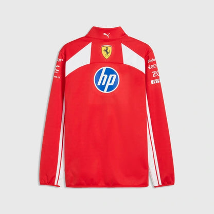 A red long-sleeve zip-up athletic jacket with white side stripes, featuring the Ferrari shield logo on the chest, an HP logo on the back, and sponsor logos on the sleeves, shown against a light gray background.