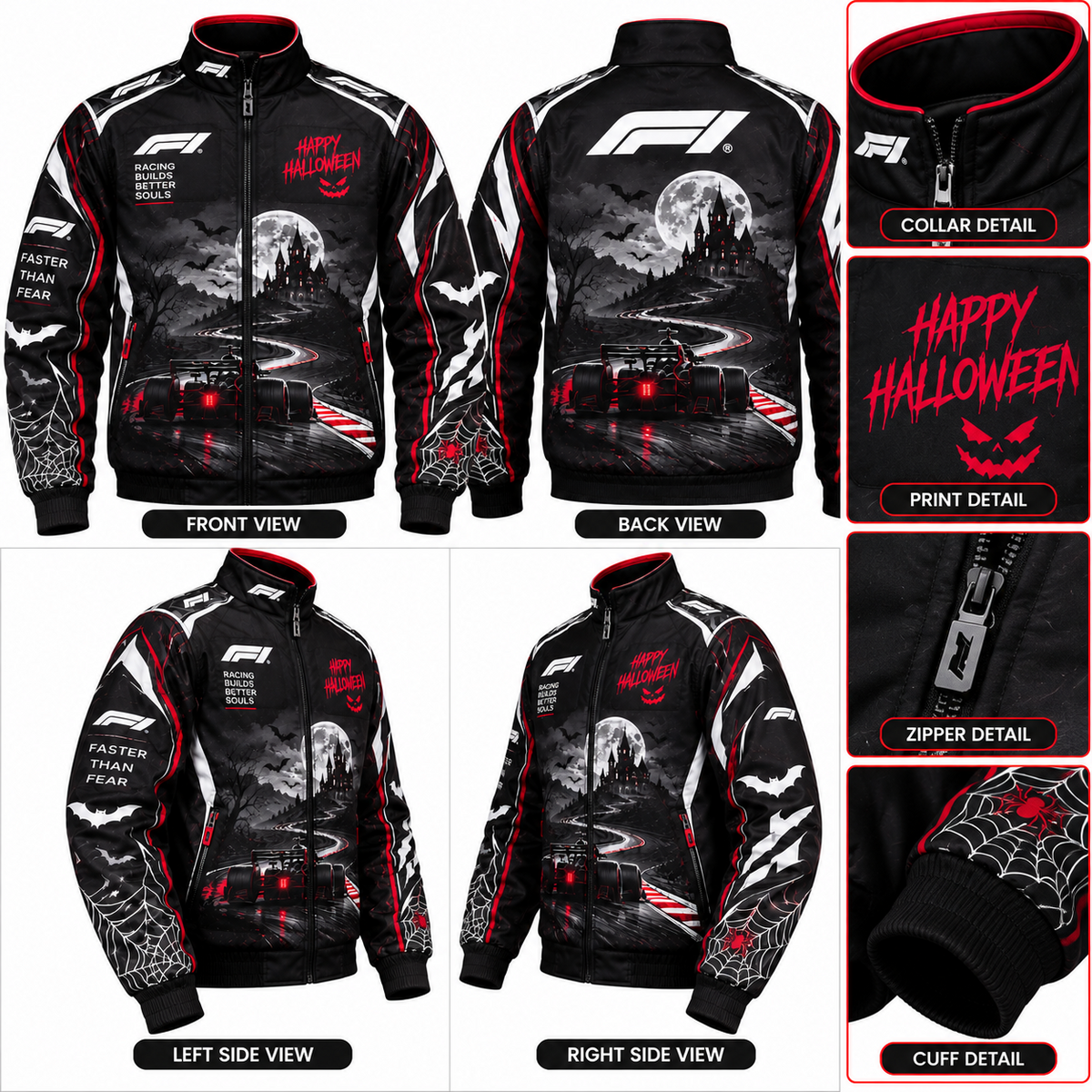 Halloween racing jacket product collage showing front, back and angled views, with black and red motorsport styling, gothic castle print, bats, spiderweb sleeves, red-trimmed collar, zipper and cuff details.