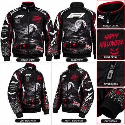Halloween racing jacket product collage showing front, back and angled views, with black and red motorsport styling, gothic castle print, bats, spiderweb sleeves, red-trimmed collar, zipper and cuff details.