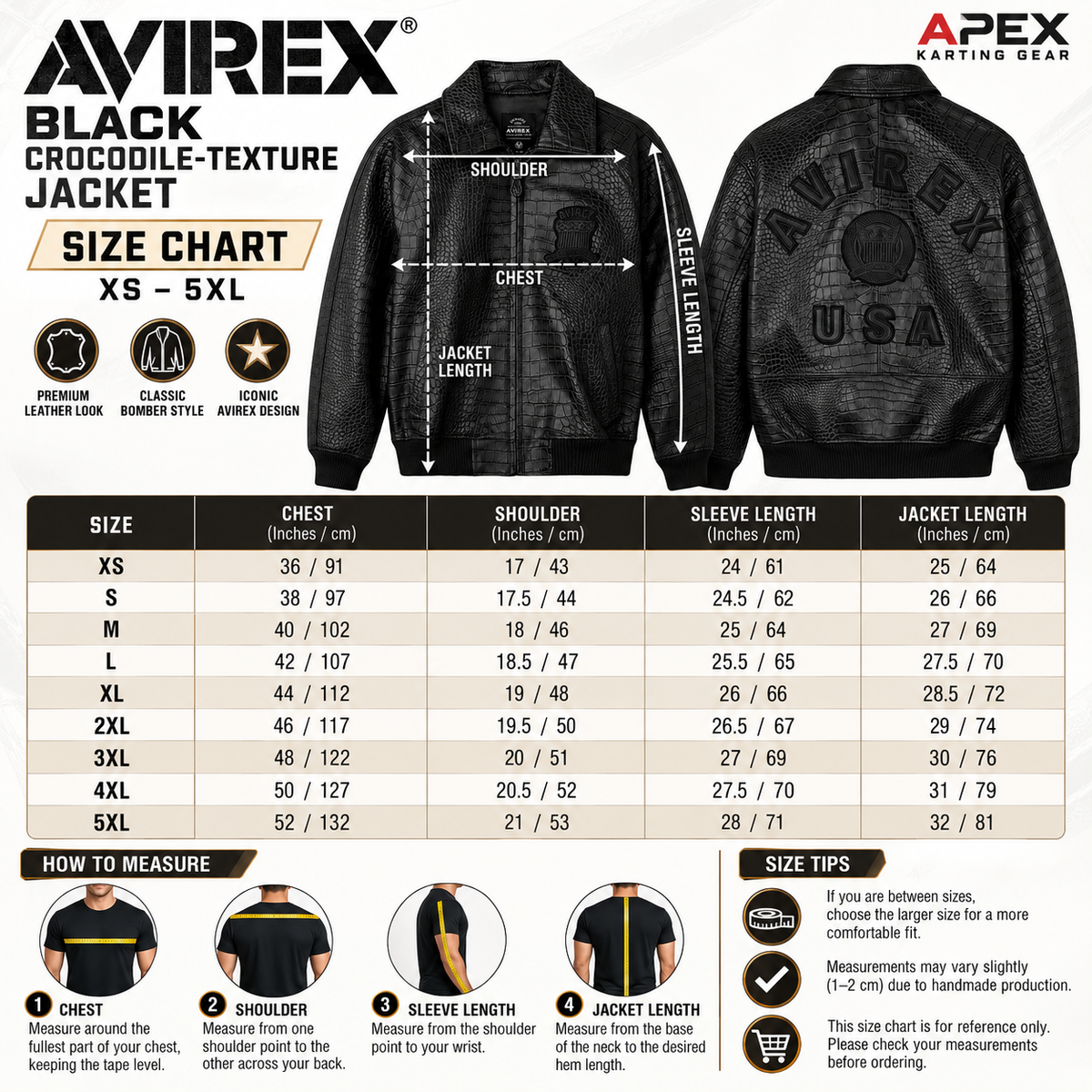 Black Avirex crocodile-texture leather bomber jacket size chart XS to 5XL with chest, shoulder, sleeve and jacket length measurements.