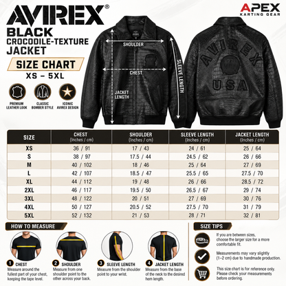 Black Avirex crocodile-texture leather bomber jacket size chart XS to 5XL with chest, shoulder, sleeve and jacket length measurements.