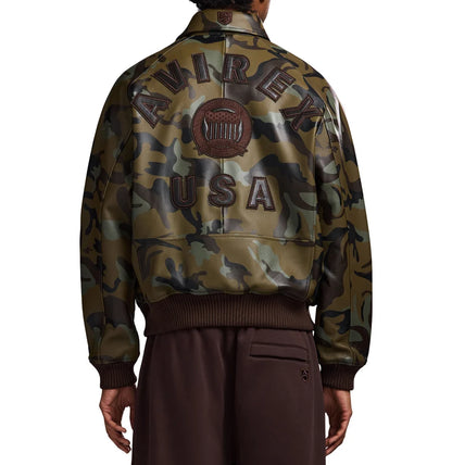 AVIREX men's camouflage leather jacket back view on model featuring large AVIREX USA lettering, embroidered emblem and ribbed hem