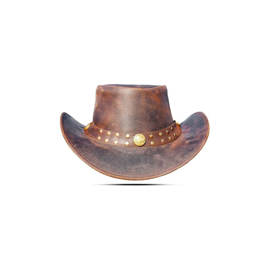 Vintage Leather Cowboy Hat – Western Outback Hat with Studded Band & Chin Cord