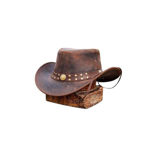Vintage Leather Cowboy Hat – Western Outback Hat with Studded Band & Chin Cord