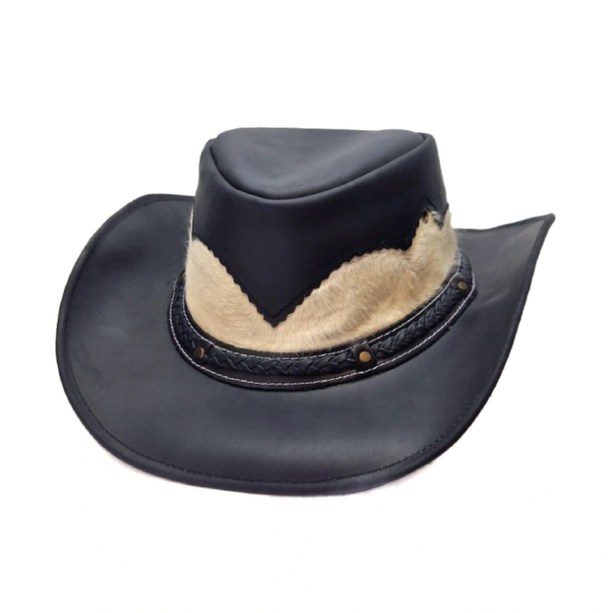 Black Leather Western Cowboy Hat with Cowhide Band – Stylish Ranch Hat