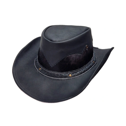 Black Leather Western Cowboy Hat with Cowhide Band – Stylish Ranch Hat
