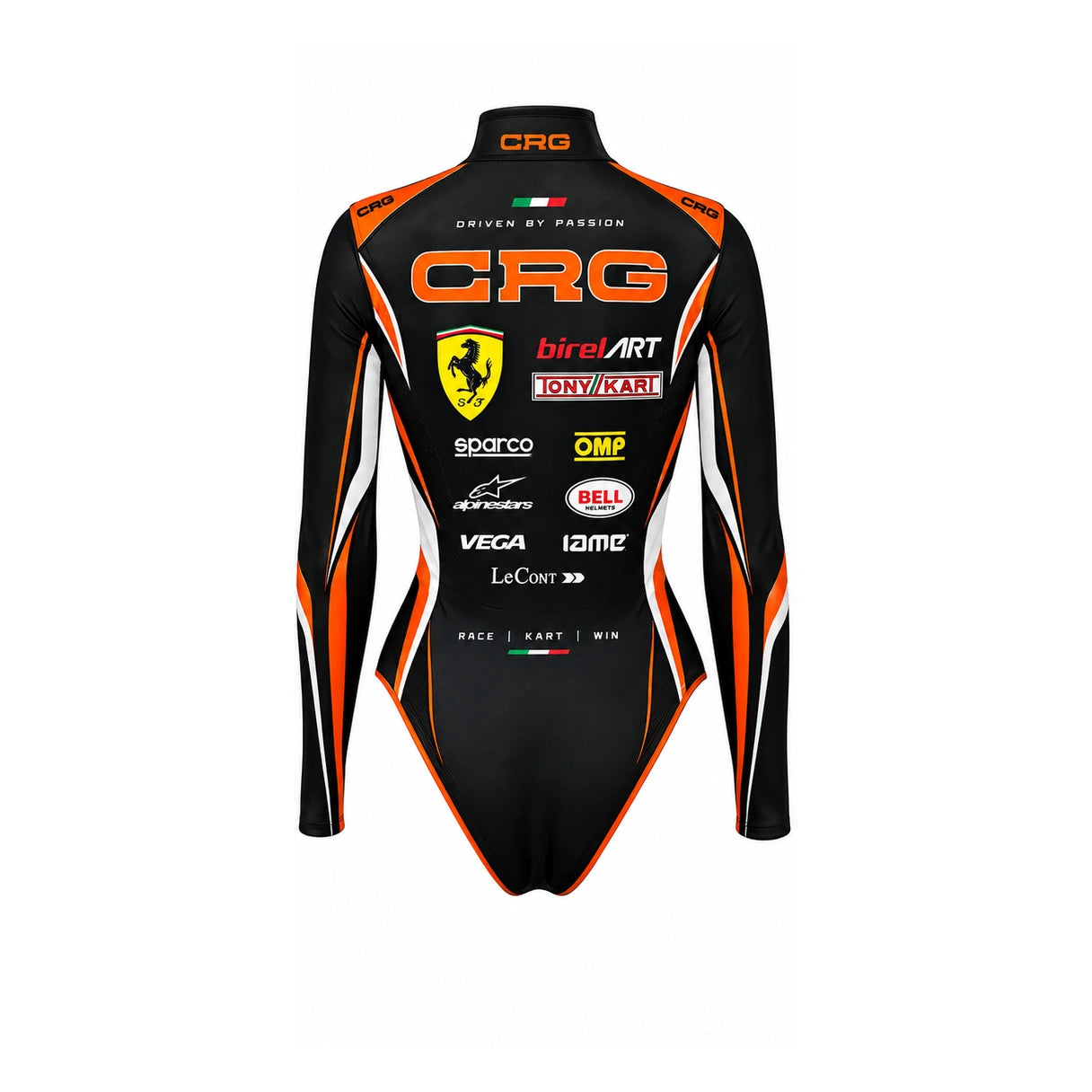 CRG Black Racing Bodysuit with Ferrari Style & Motorsport Sponsor Design