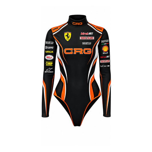 CRG Black Racing Bodysuit with Ferrari Style & Motorsport Sponsor Design