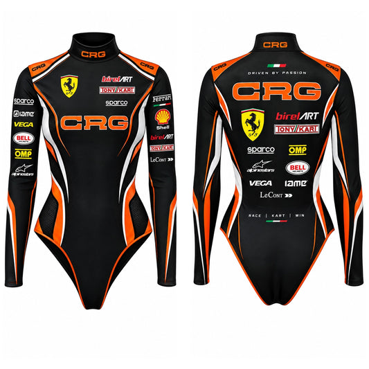 CRG Black Racing Bodysuit with Ferrari Style & Motorsport Sponsor Design