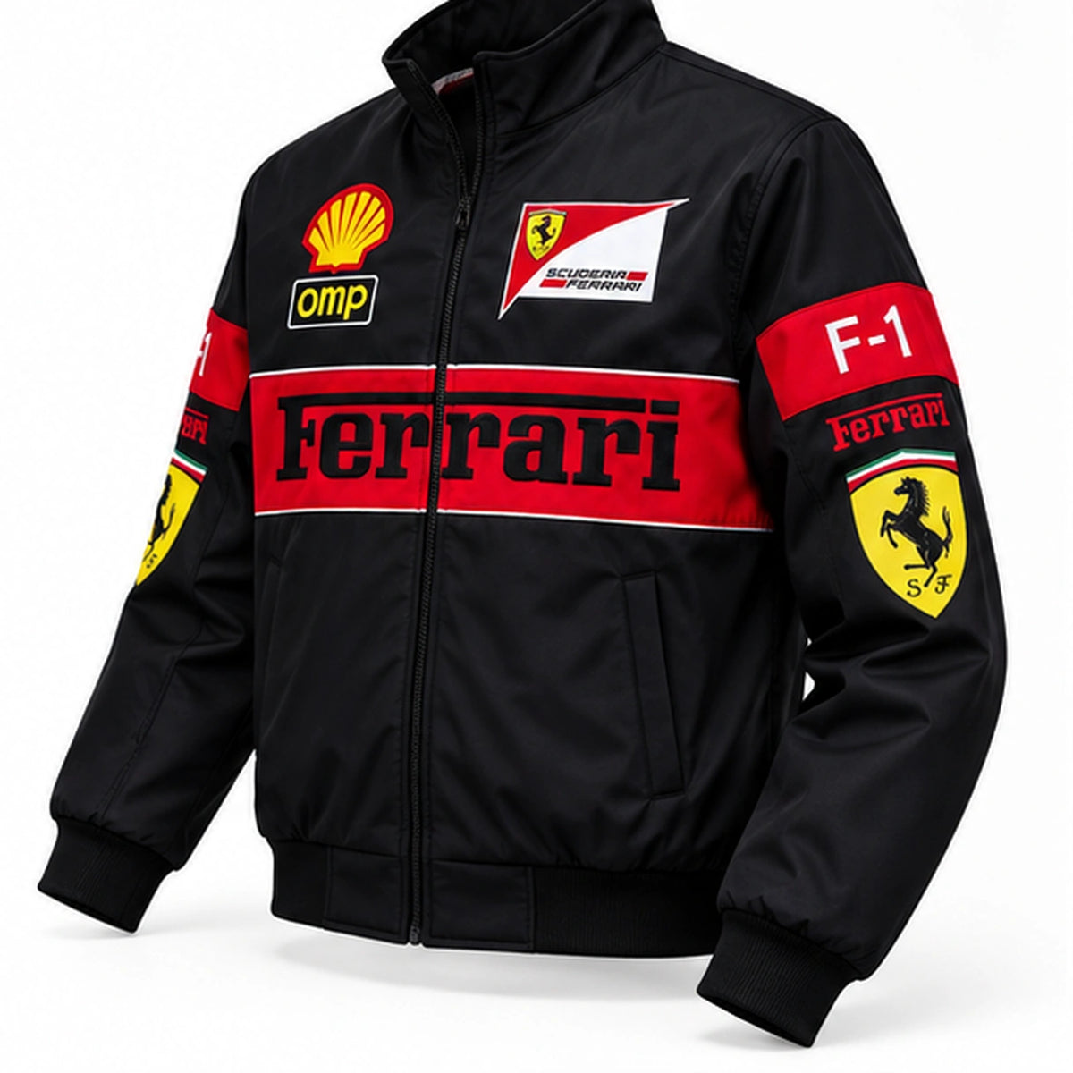 Ferrari-inspired black F1 racing jacket shown from an angled view with red racing details