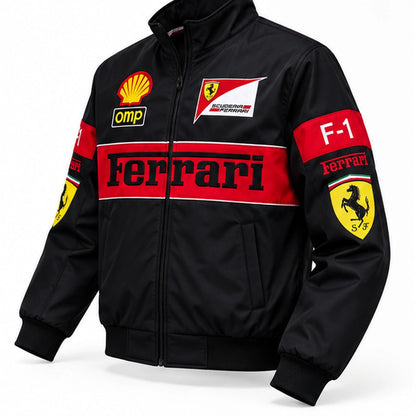 Ferrari-inspired black F1 racing jacket shown from an angled view with red racing details