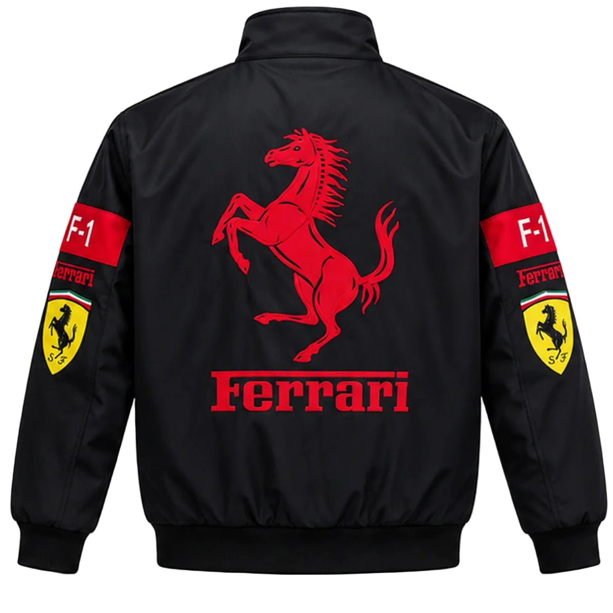 Black Ferrari-inspired racing jacket with large red racing horse graphic on back