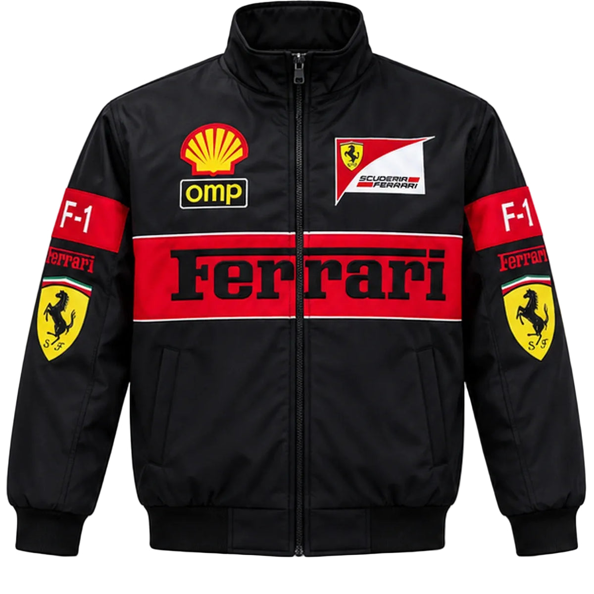 Black Ferrari-inspired racing jacket with red F1 graphics and motorsport patches front view