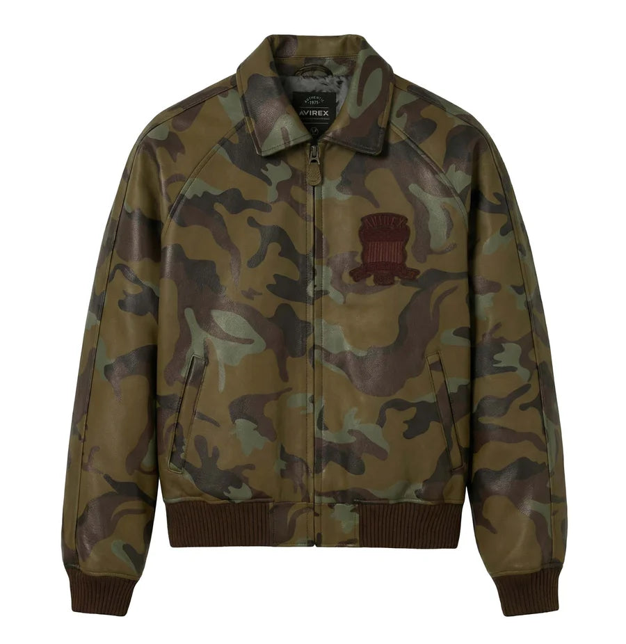 AVIREX men's olive green camo leather bomber jacket isolated on a white background with embroidered chest logo, zip fastening and ribbed cuffs
