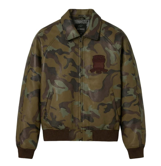 AVIREX men's olive green camo leather bomber jacket isolated on a white background with embroidered chest logo, zip fastening and ribbed cuffs