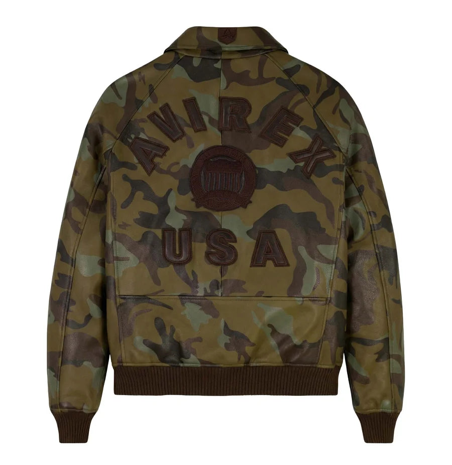 AVIREX olive camouflage leather jacket rear product view featuring AVIREX USA lettering, circular emblem and brown ribbed waistband