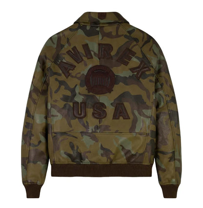 AVIREX olive camouflage leather jacket rear product view featuring AVIREX USA lettering, circular emblem and brown ribbed waistband