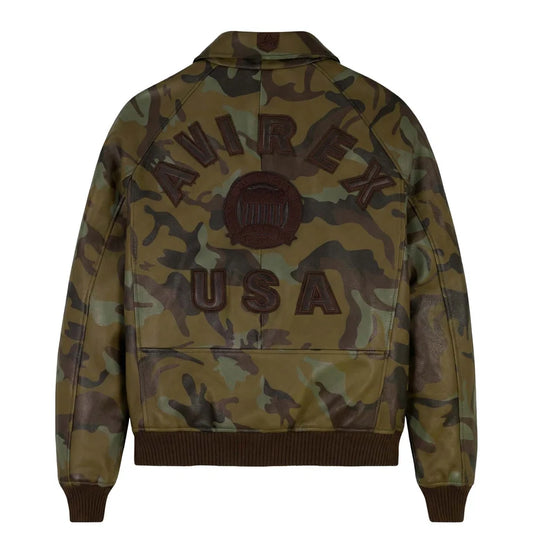 AVIREX olive camouflage leather jacket rear product view featuring AVIREX USA lettering, circular emblem and brown ribbed waistband