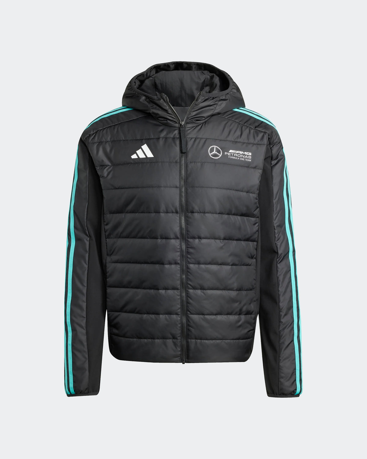 Men's black DNA puffer jacket with Mercedes F1 motorsport logo and turquoise racing stripes