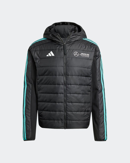 Men's black DNA puffer jacket with Mercedes F1 motorsport logo and turquoise racing stripes