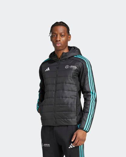 Front view of men's black Mercedes F1 puffer jacket with hood and turquoise stripes