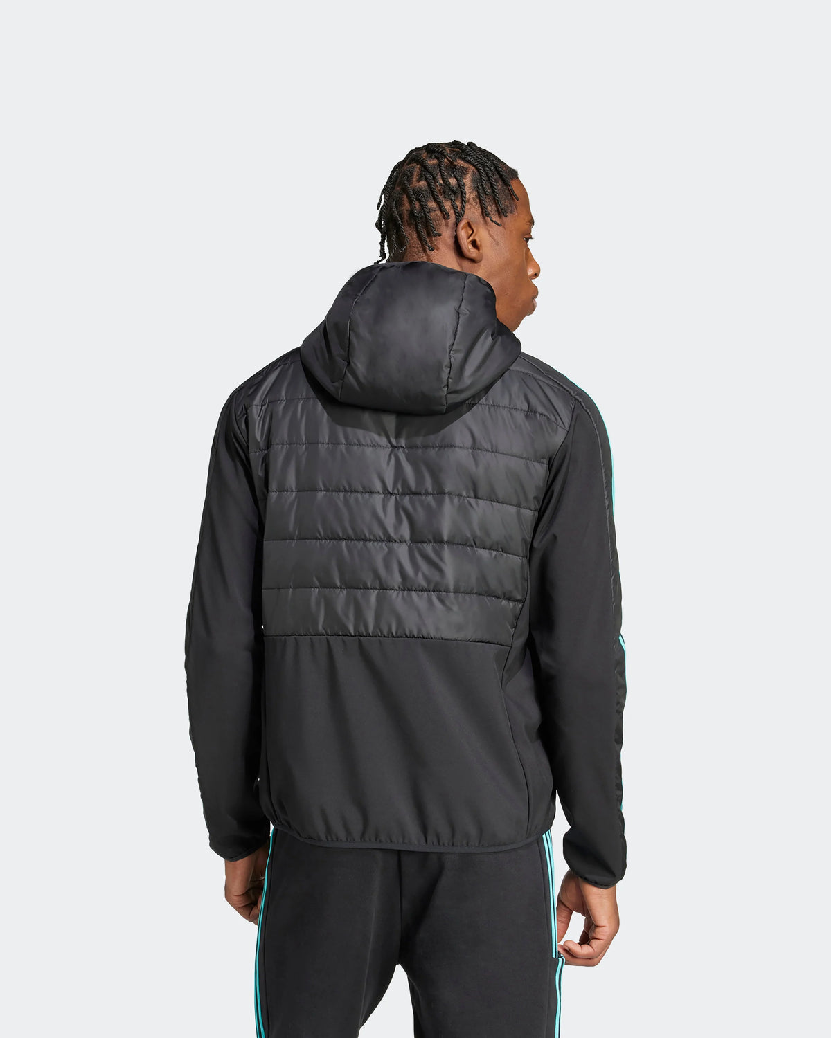 Back view of men's black Mercedes F1 DNA puffer jacket with hood