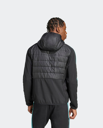 Back view of men's black Mercedes F1 DNA puffer jacket with hood