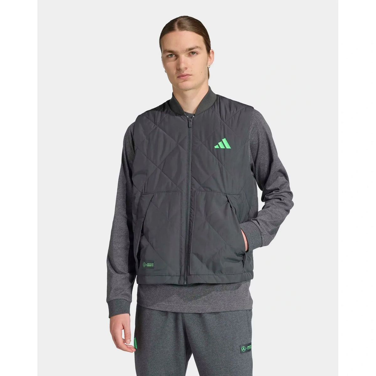 Front view of men's grey premium sweat vest with full zip and two front pockets
