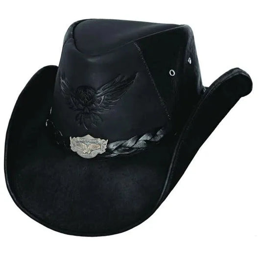 Black Leather Cowboy Hat Men Western Rodeo Hat with Feather Band
