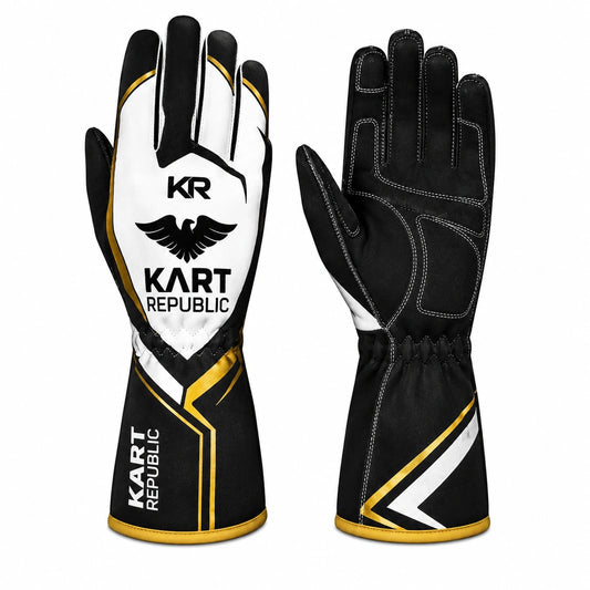 Kart Republic Karting Racing Gloves Black White Gold – Professional Driving Gloves