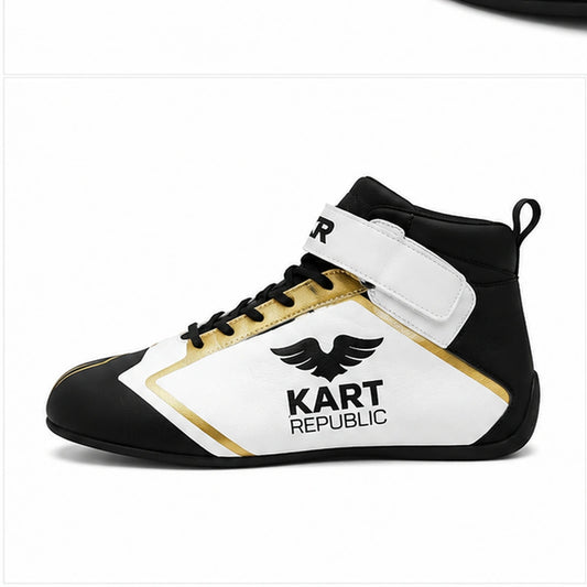 Kart Republic Karting Racing Shoes Black White Gold – High Top Go Kart Shoes