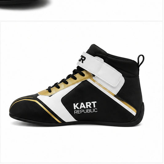 Kart Republic Karting Racing Shoes Black White Gold – High Top Go Kart Shoes