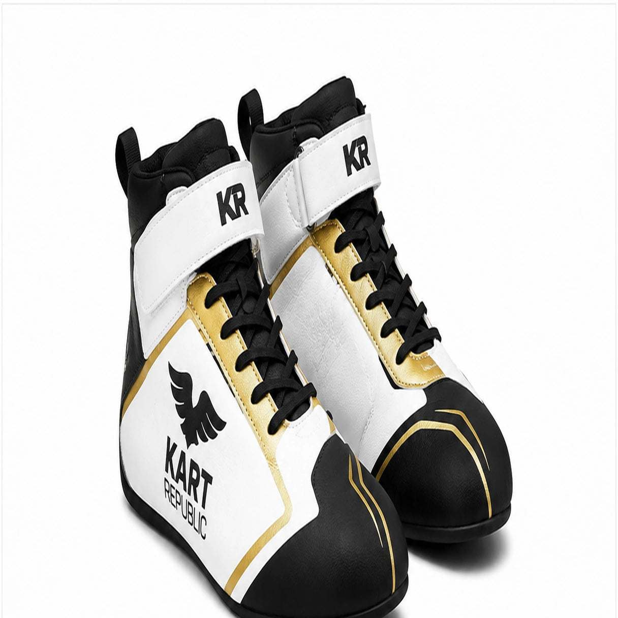 Kart Republic Karting Racing Shoes Black White Gold – High Top Go Kart Shoes