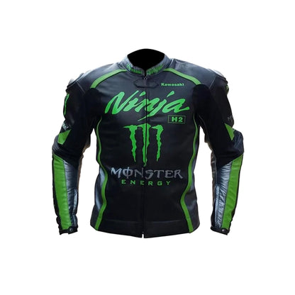 Kawasaki Ninja H2 Motorcycle Leather Racing Jacket Black Green