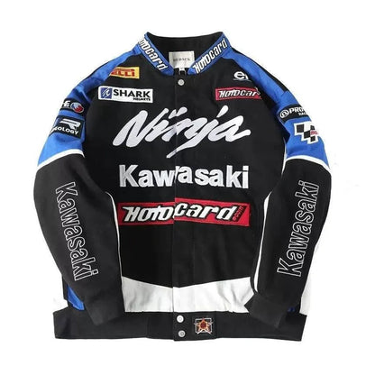 Kawasaki Motorcycle Racing Leather Jacket Black Blue | Men's Riding Jacket