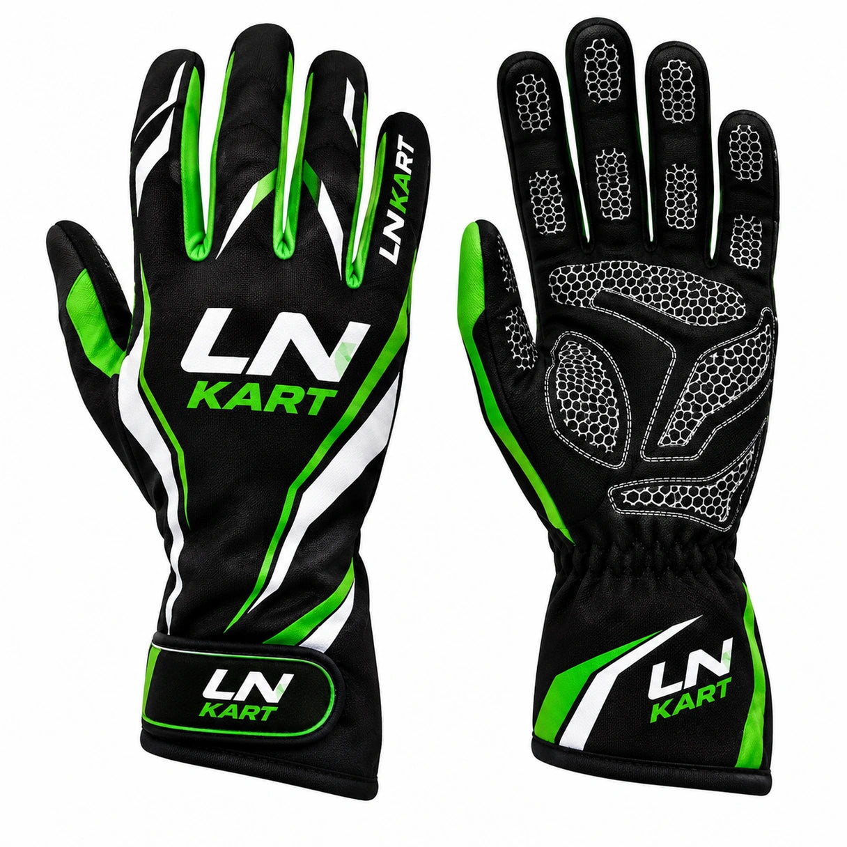LN Kart Racing Gloves Black Green & White – Professional Go Kart Gloves