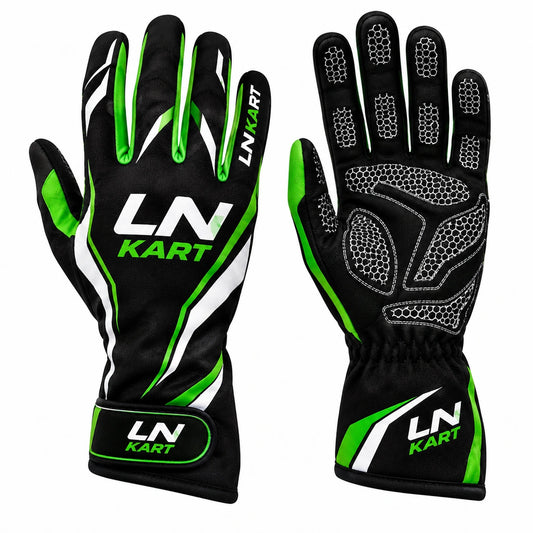 LN Kart Racing Gloves Black Green & White – Professional Go Kart Gloves