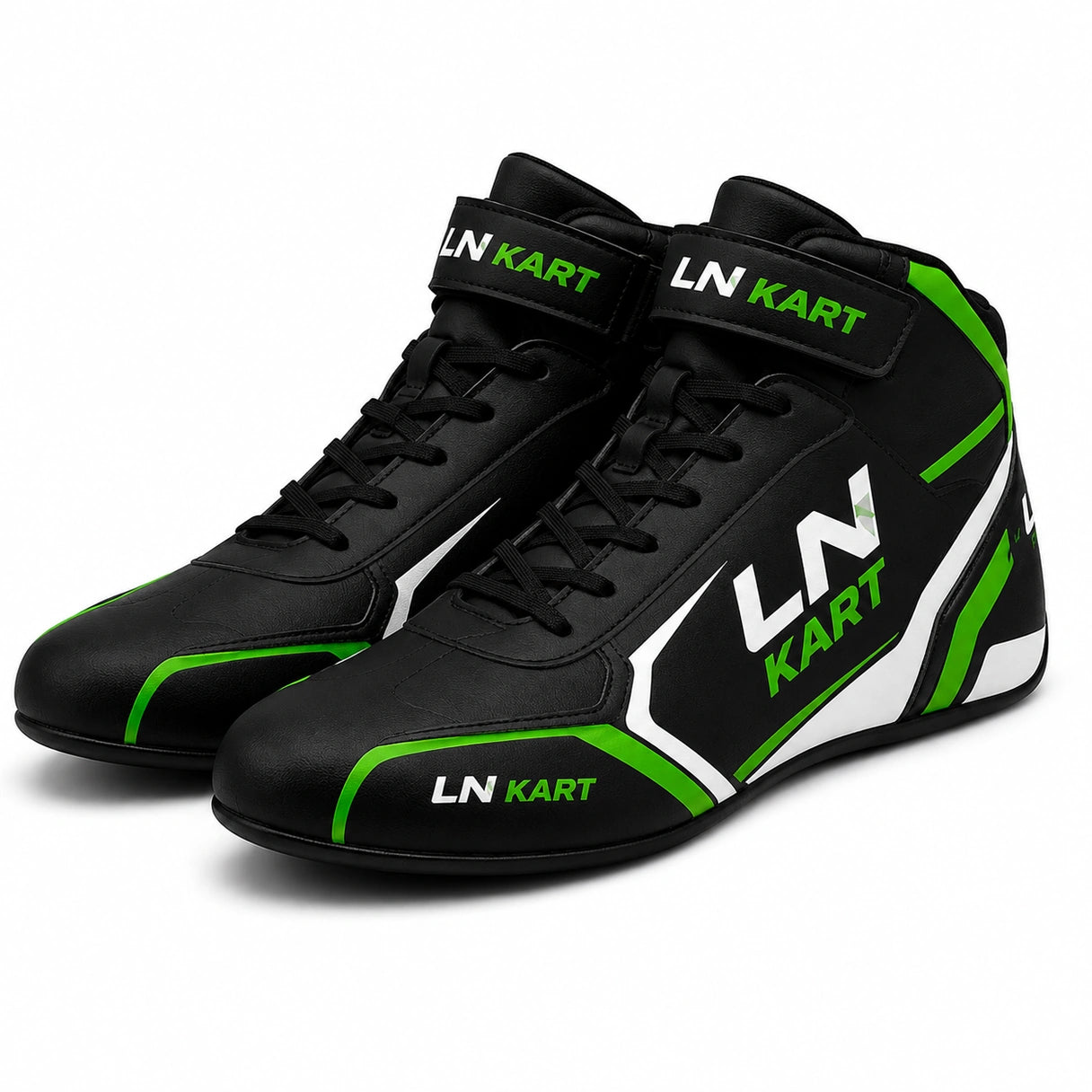 LN Kart Racing Shoes Black Green & White – Professional Go Kart Racing Shoes