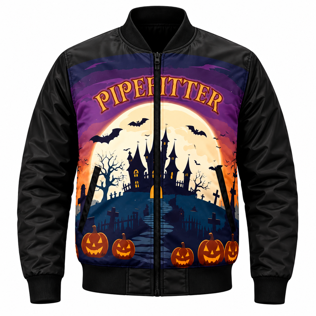 Halloween bomber jacket collage showing front details of the haunted castle and pumpkin print.