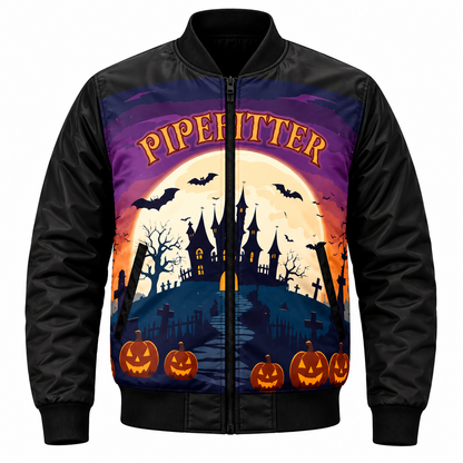 Halloween bomber jacket collage showing front details of the haunted castle and pumpkin print.