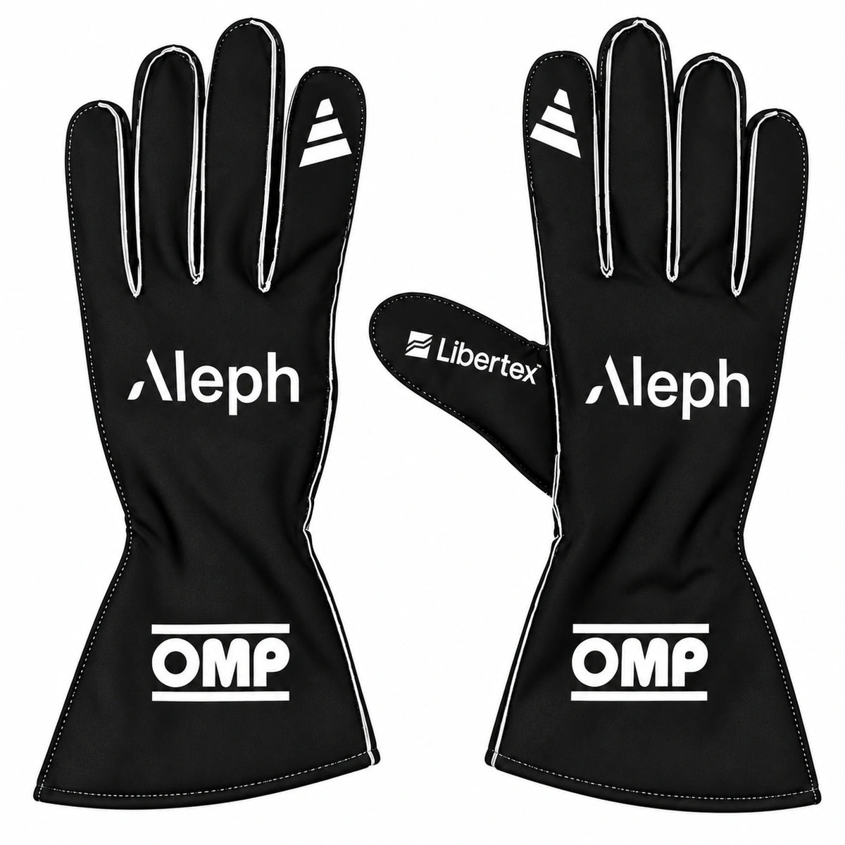 OMP Aleph black racing gloves with white branding, extended cuffs and Libertex thumb detail for karting and motorsport