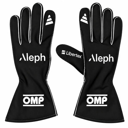 OMP Aleph black racing gloves with white branding, extended cuffs and Libertex thumb detail for karting and motorsport
