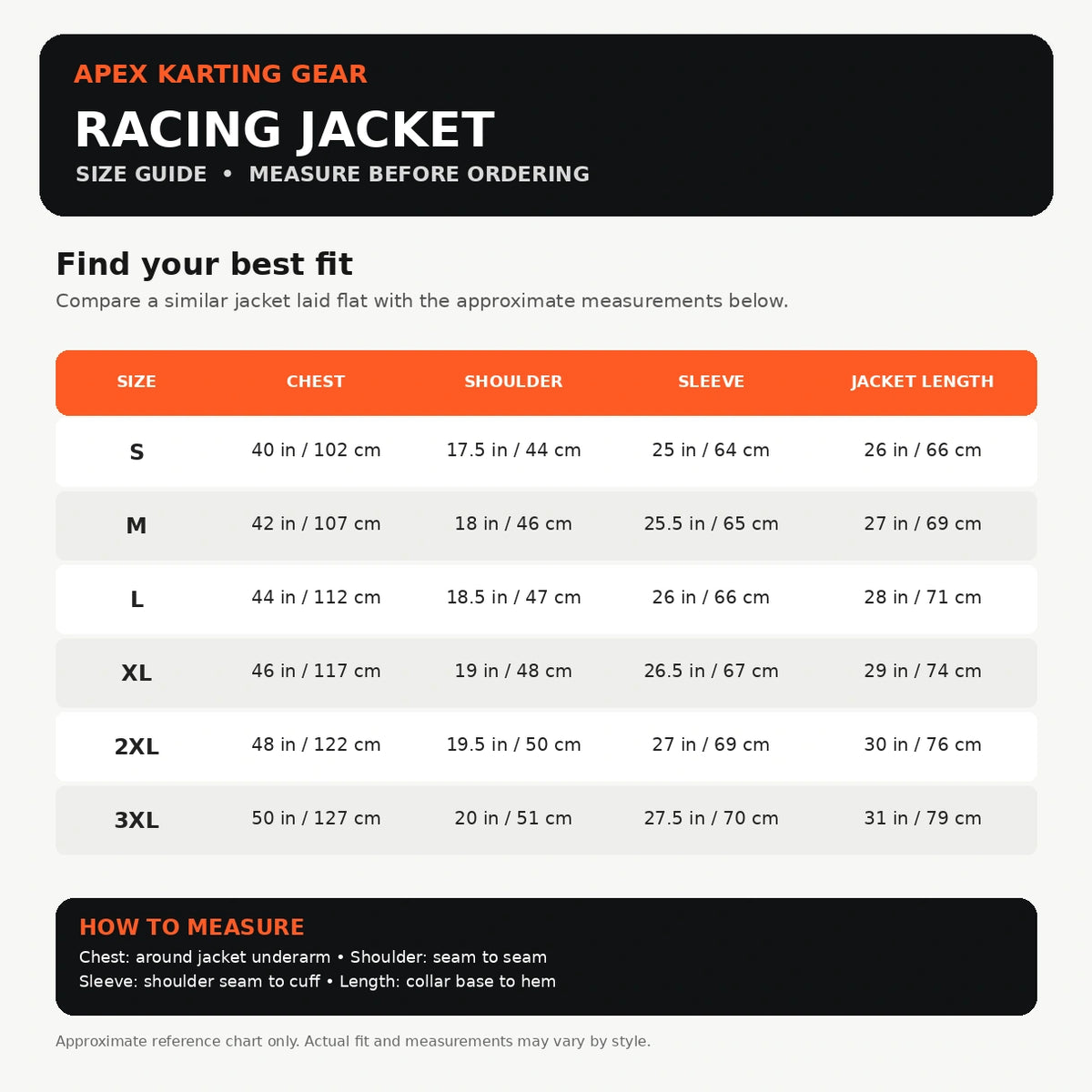 A size guide and measurement chart for the Apex Karting Gear Racing Jacket, showing chest, shoulder, sleeve, and jacket length measurements for sizes S through 3XL, with a small how-to-measure section at the bottom.