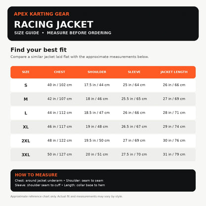 A size guide and measurement chart for the Apex Karting Gear Racing Jacket, showing chest, shoulder, sleeve, and jacket length measurements for sizes S through 3XL, with a small how-to-measure section at the bottom.