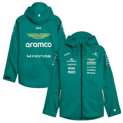 Aston Martin Aramco Cognizant F1 2026 Team Rain Jacket Replica | Waterproof Formula 1 Hooded Motorsport Jacket