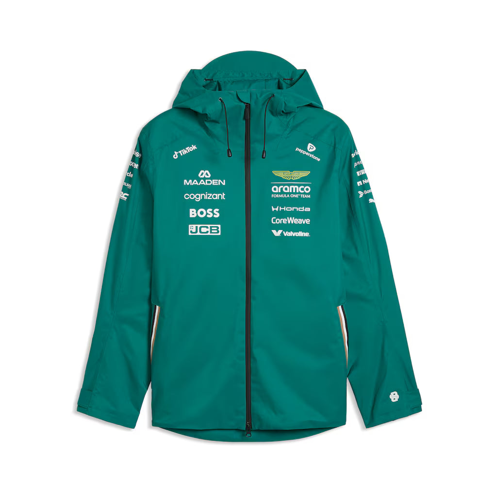 Aston Martin Aramco Cognizant F1 2026 Team Rain Jacket Replica | Waterproof Formula 1 Hooded Motorsport Jacket